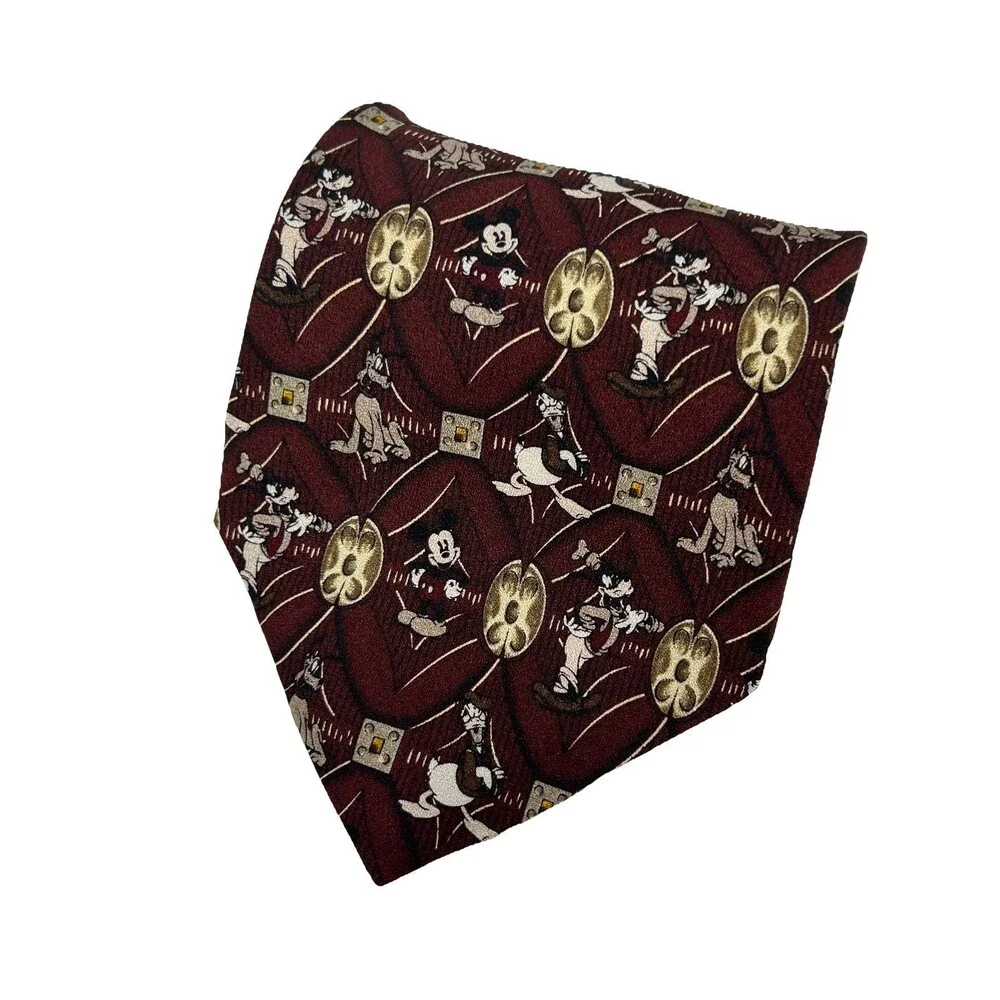 Walt Disney World Silk Maroon Tie Mickey Mouse Goofy Pluto Donald Duck 57.5
